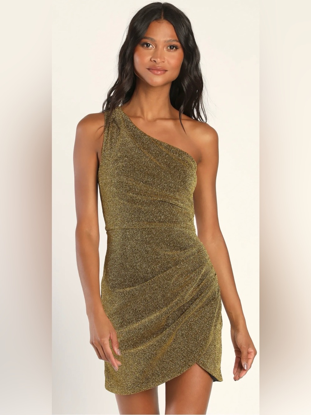 Lulu's Got the Party Gold Lurex One-Shoulder Mini Dress